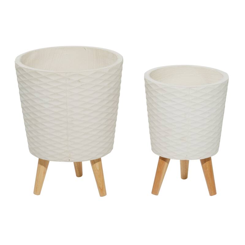 White or Grey Fiber Clay Wood Boho Eclectic Planter (Set of 2) - S/2 14", 16"H