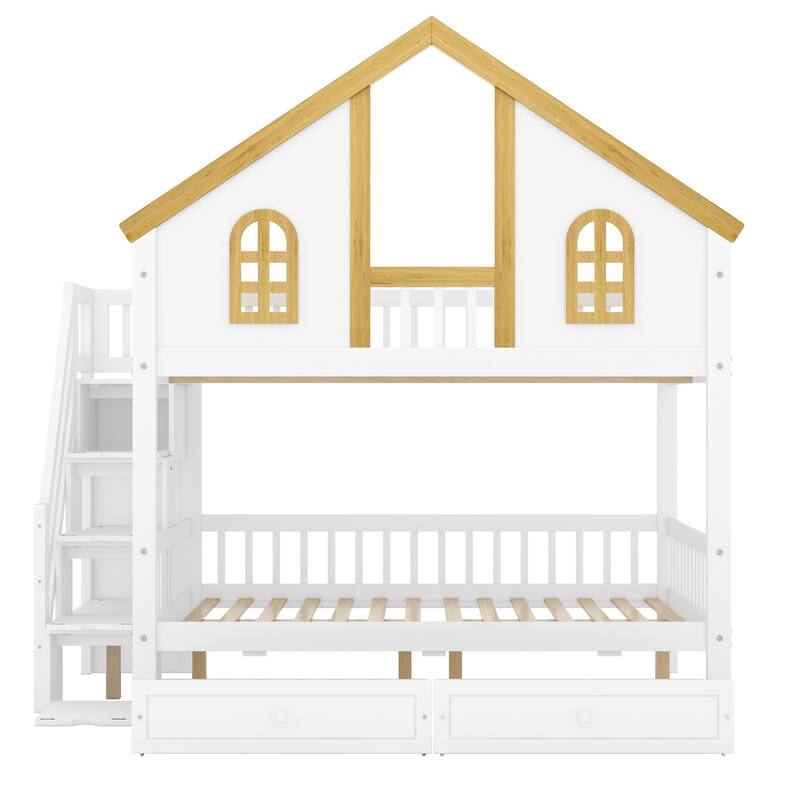 Wooden House Roof Bunk Bed with Staircase Storage & Dual Drawers by Harper&Bright Designs