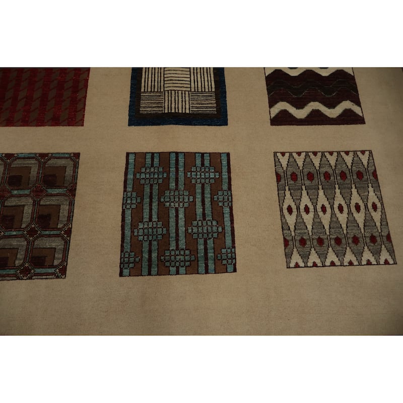 Hand Knotted Oriental 100% Wool Carpet Traditional Geometric Beige & Ivories Peshawar Area Rug - 11' 8'' X 8' 3''