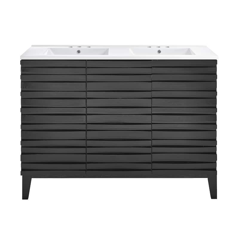 Cascade 48 In. Black Oak, Double Basin Bathroom Vanity With White, 3-Hole Ceramic Sink Top