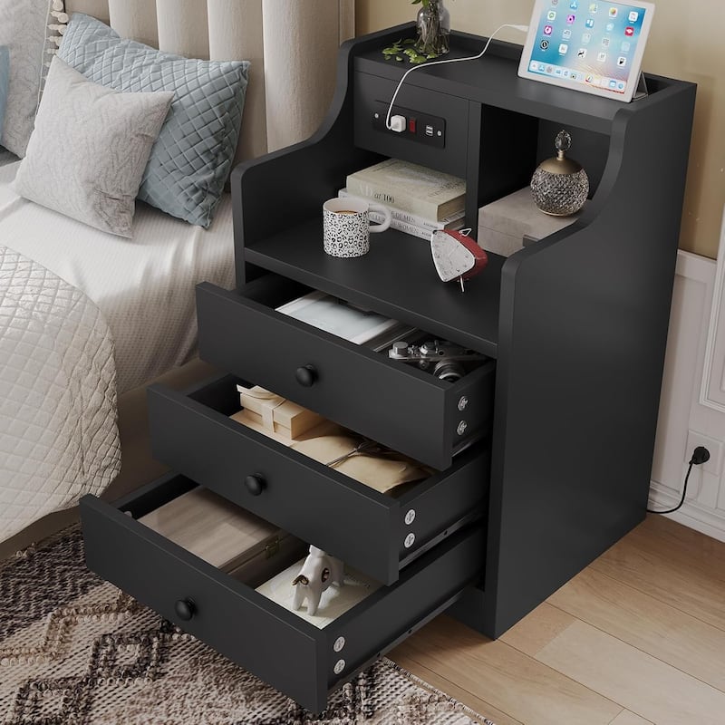 Small Nightstand 3 Drawers Charging Station End Side Table