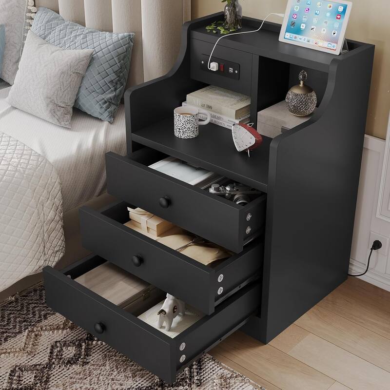 Nightstand with Drawers Charging Station End Side Table with Hutch