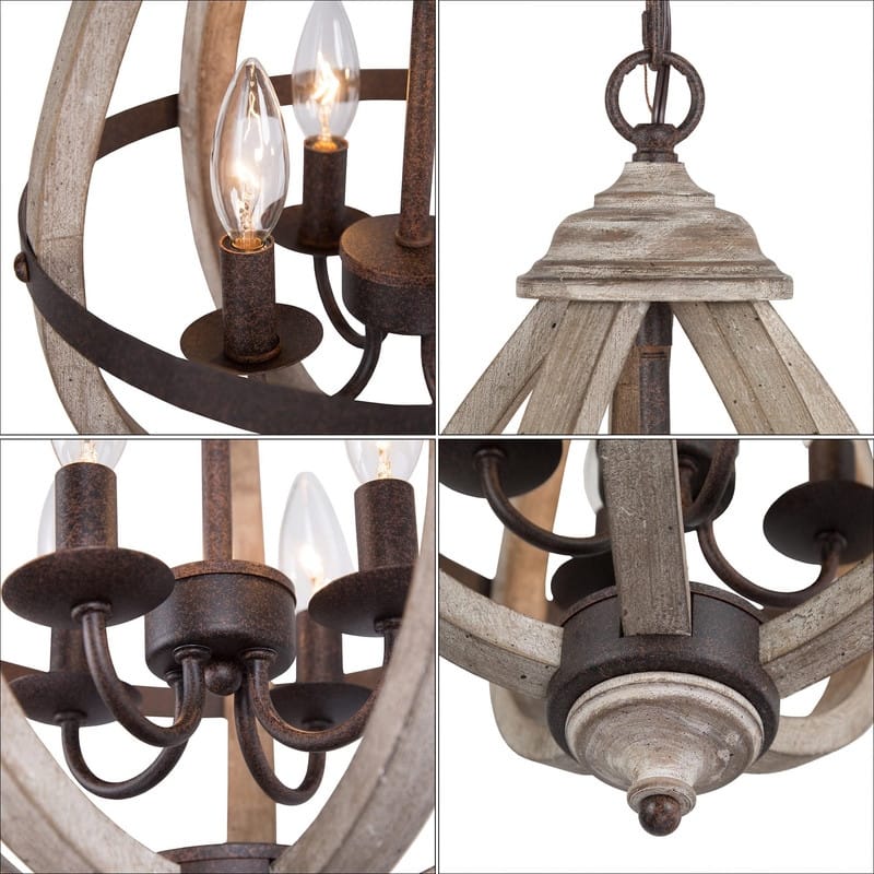 Clovy Farmhouse 4-Light Wood Lantern Chandelier for Kitchen Island Foyer Staircase
