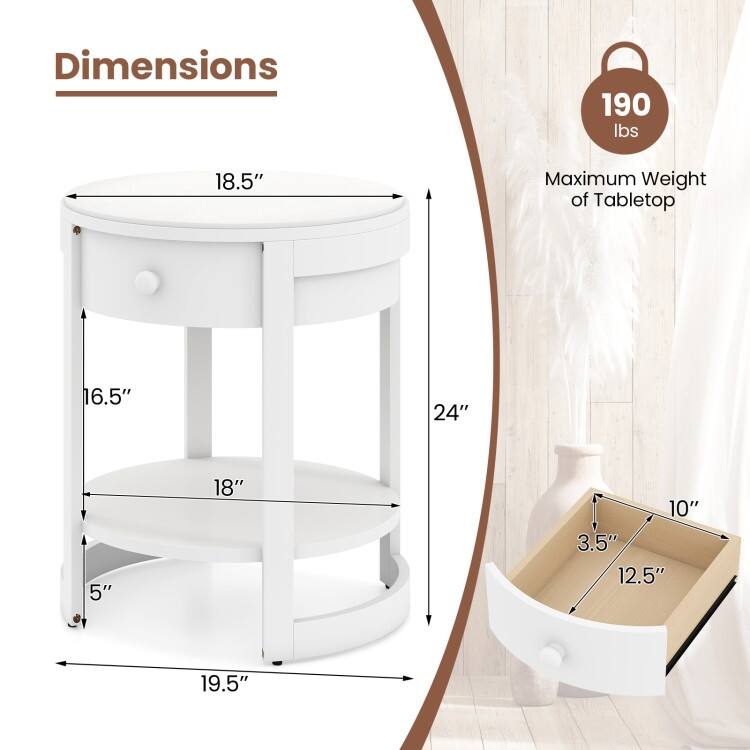 2-Tier Round Nightstand End Table with Drawer and Shelf - 19.5" x 19.5" x 24"