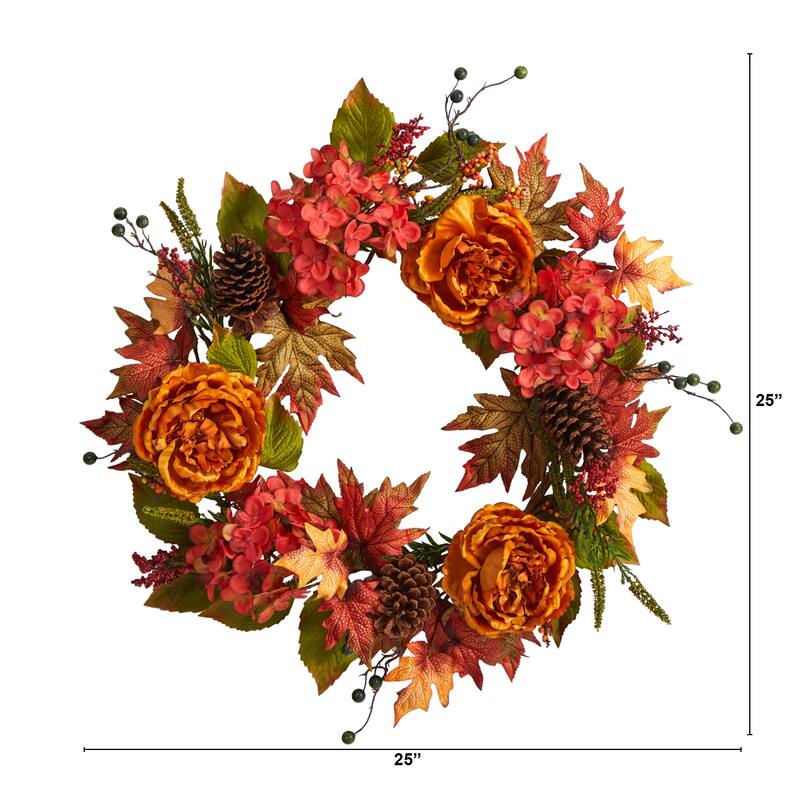 Ranunculus with Hydrangea and Berries Artificial Fall Harvest Wreath, 25-Inch, Unlit
