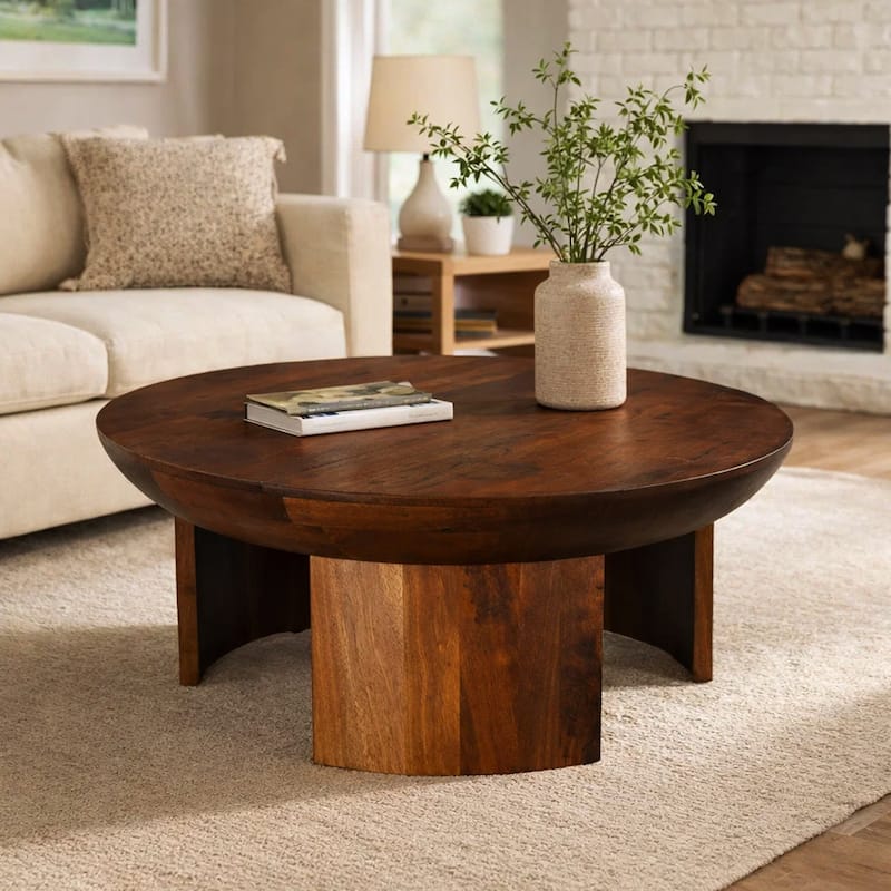35 Inch Coffee Table, Handcrafted Round Mango Wood Top, Modern Curved Tripod Legs, Walnut Brown
