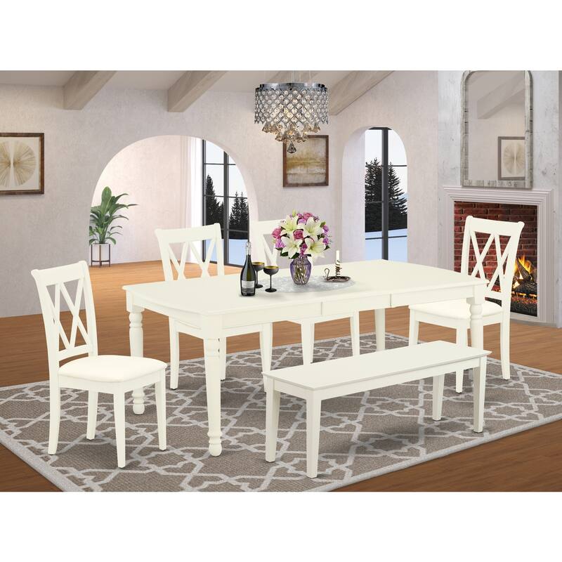 Linen White 6-Piece Dining Set - Rectangle Table, 4 Chairs, Bench - Modern Dinette Set - 78