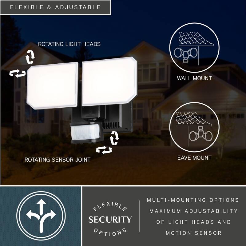 VAXCEL 2-Head Black Motion Sensor Dusk to Dawn Outdoor Security Flood Light with GFCI Outlet , Adjustable LED Heads