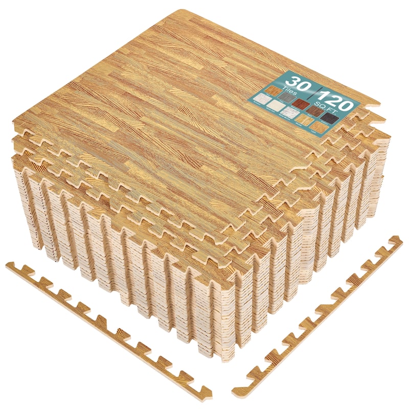 Sorbus 120 Sq. Ft. Wood Grain Floor Tiles Foam Mat EVA Interlocking Mats Tile 3/8-Inch Thick Flooring Wood Puzzle Exercise Mats - Light Brown