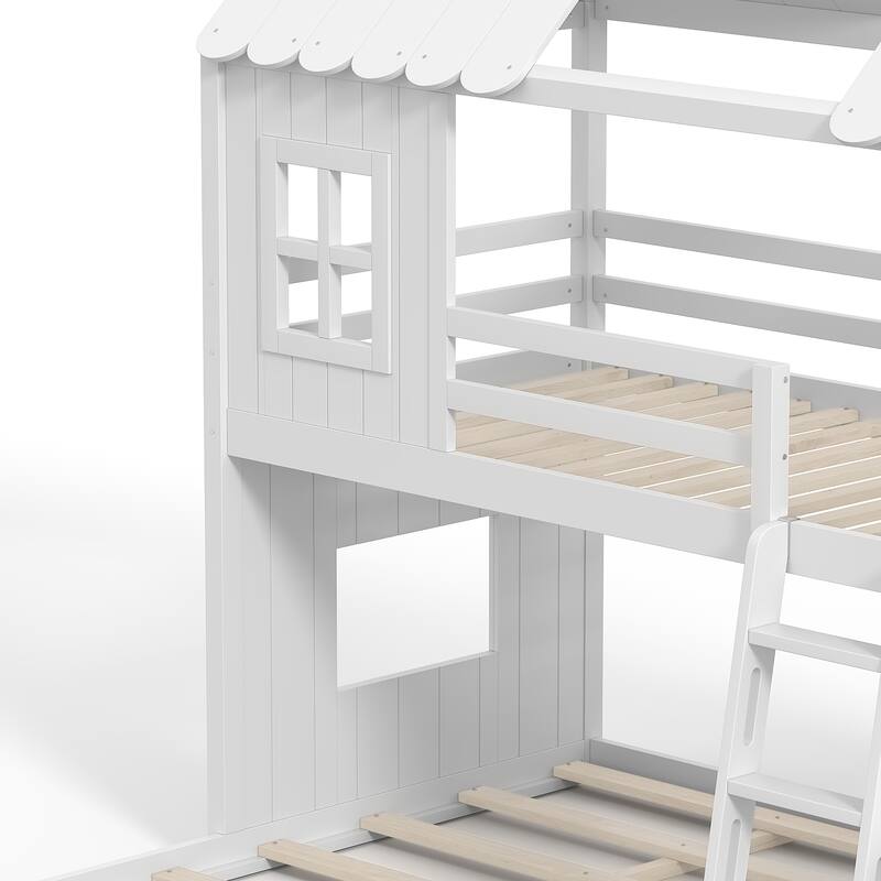 Twin over Full House Bunk Bed with Ladders and Slides, House Floor Bunk Bed with Storage Shelves and Wardrobe