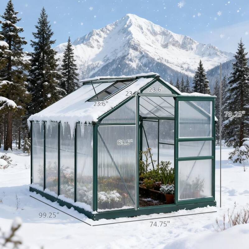 GDFStudio - Outdoor 6'x8' Aluminum Frame Outdoor Greenhouse with Polycarbonate Panels, Rain Gutter & Roof Vent - Dark Green