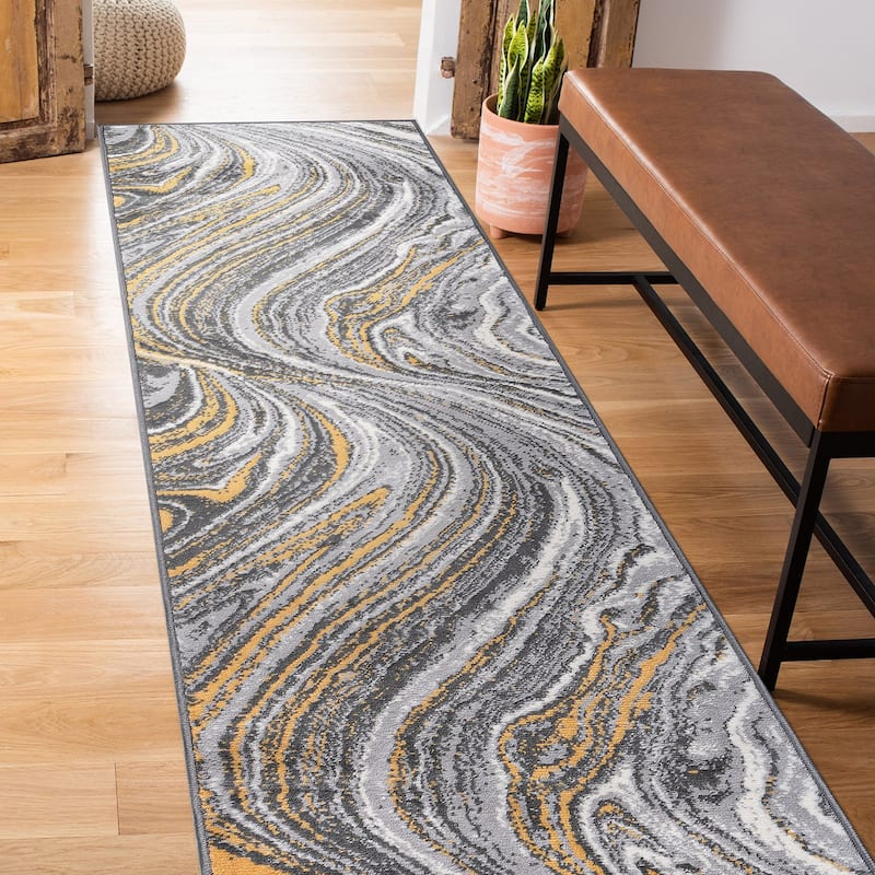 World Rug Gallery Contemporary Abstract Swirl Area Rug - 2' x 7' - Yellow
