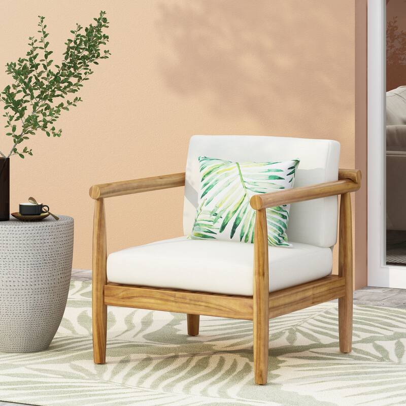 Acacia Wood Club Chairs w/ Weather-Resistant Hardwood, Machine-Wipe Cushions, Sophisticated Open Backrest Classic Slat Seating