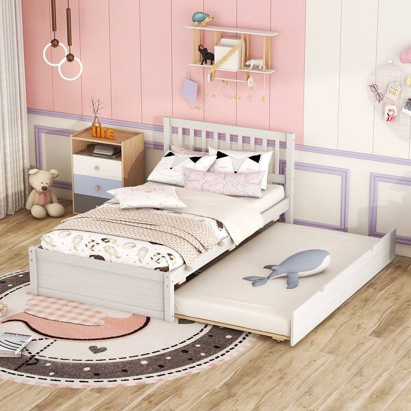 slide 2 of 12, Wooden Twin Size Platform Bed Frame with Trundle , Sturdy Construction from Rubberwood and Plywood