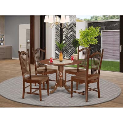 HomeStock 5-Piece Round Mahogany Finish Solid Wood Top Dining Table with 4 Chairs with Drop Leaf Lattice Back