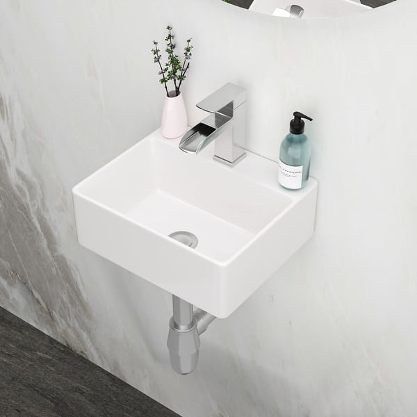 slide 2 of 8, White Ceramic Rectangular Wall Mounted Bathroom Sink with Faucet Hole
