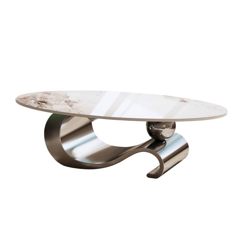 49.2" Faux Marble Oval Coffee Table, Contemporary Stainless Steel Base, Modern Center Table for Living Room