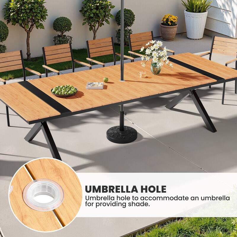 Outdoor Aluminum Dining Table Rectangular Table with Umbrella Hole for 10-12 Person
