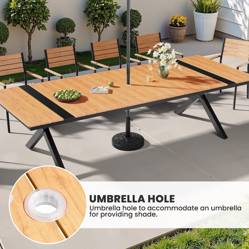 Outdoor Patio All-Weather Aluminum X-Shaped Rectangular Dining Table with Umbrella Hole