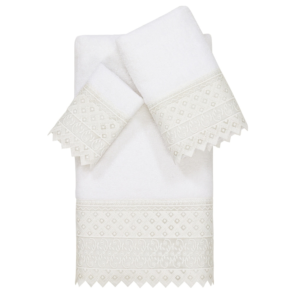 Authentic Hotel and Spa 100% Turkish Cotton Aiden 3PC White Lace Embellished Towel Set