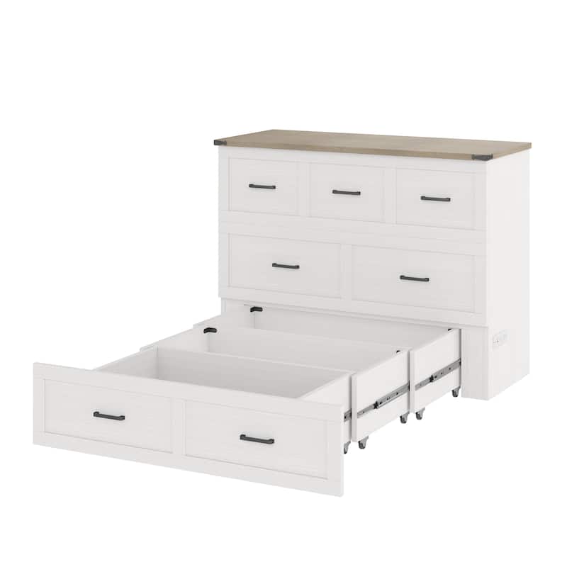 Full-Size Murphy Bed System - Wall Cabinet with USB Charging Station & Storage Drawer, Convertible Guest Bed for Small Rooms