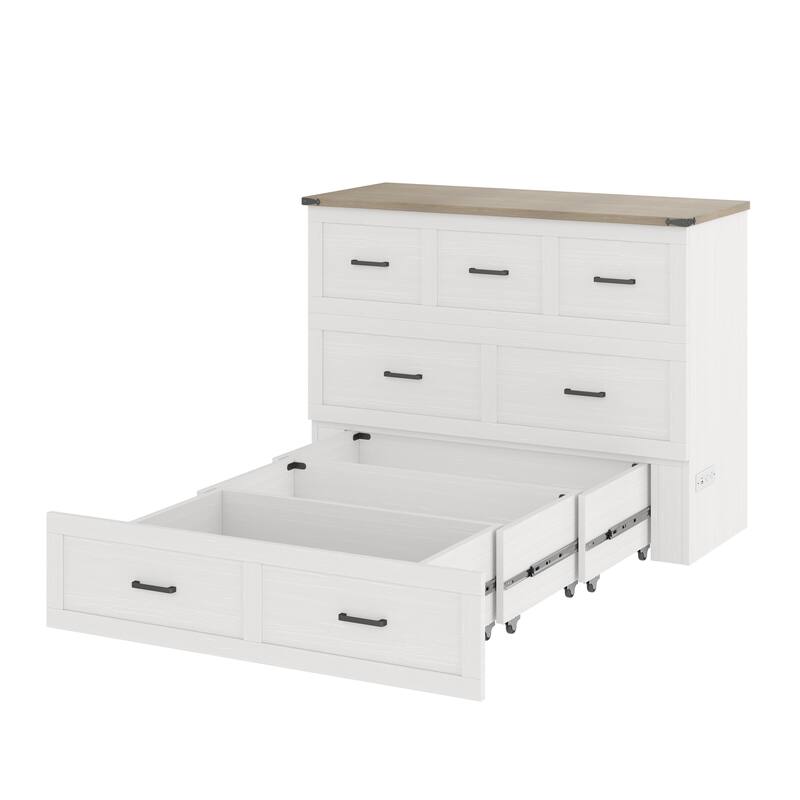 Queen/Full Size Murphy Cabinet Bed - Foldable Platform Bed with Charging Station & Large Storage Drawer