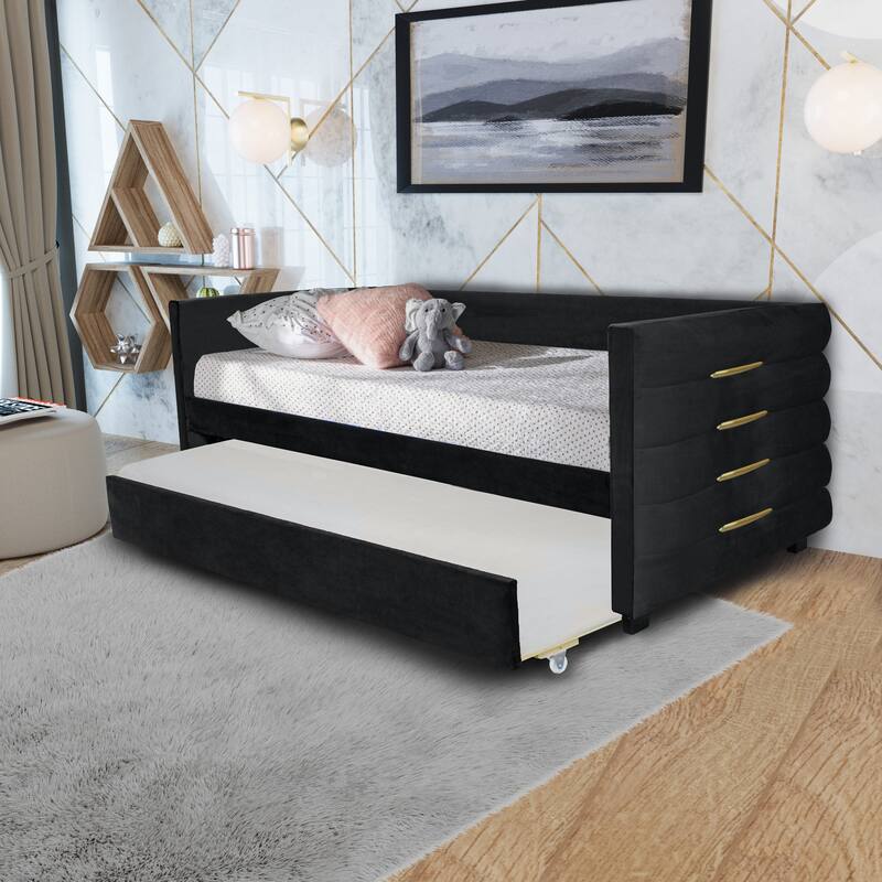 Modern Twin Daybed with Trundle, Velvet Upholstery, Gold Iron Accent, and Wooden Frame, No Box Spring Needed