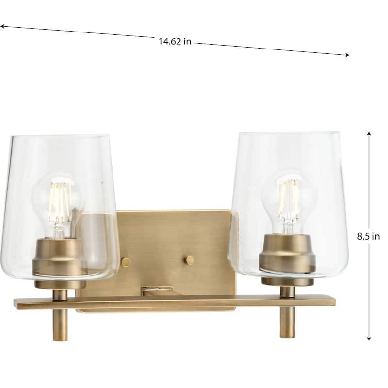 Calais Collection Two-Light Vintage Brass Clear Glass Vanity Light - 14.62 in x 6.5 in x 8.5 in