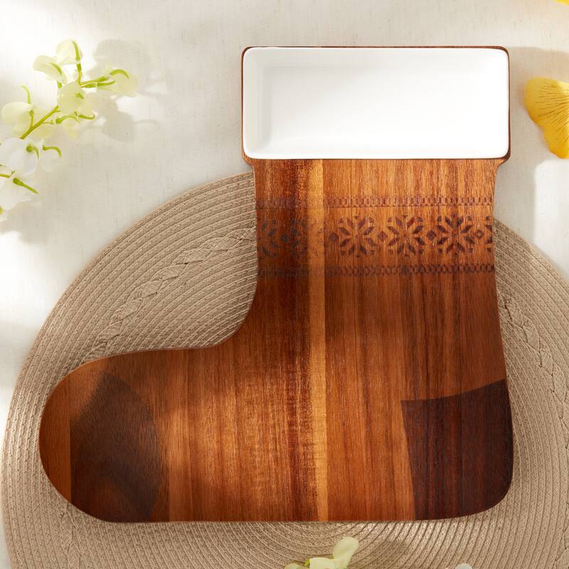 Tabletops Gallery Set of 2 Stocking Acacia Wood Serving Board with Ceramic Bowl