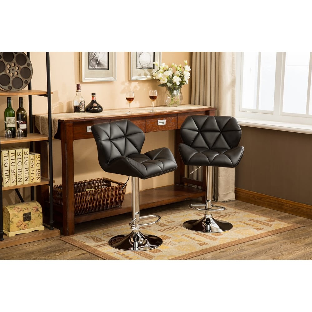2-Piece Swivel Diamond-Tufted Leather Counter Stools Bar Stools with Adjustable Height & Footrest Dining Stools