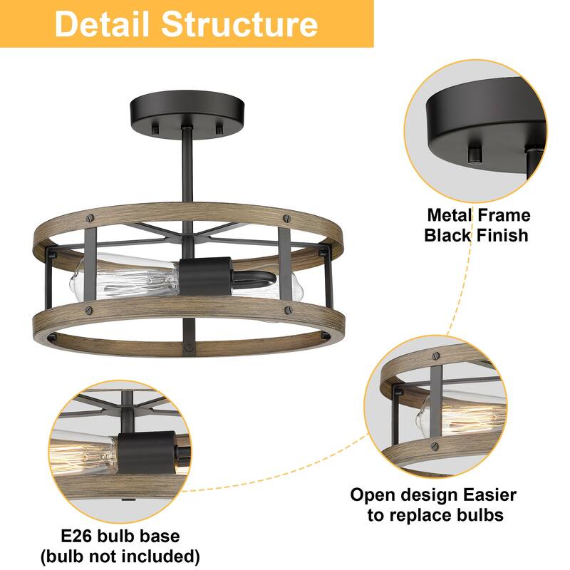 2-light Wood and Matte Black Finish Semi-flush Mount Light Metal Cage Ceiling Light - 12.9" (D) x 4.4" (H)