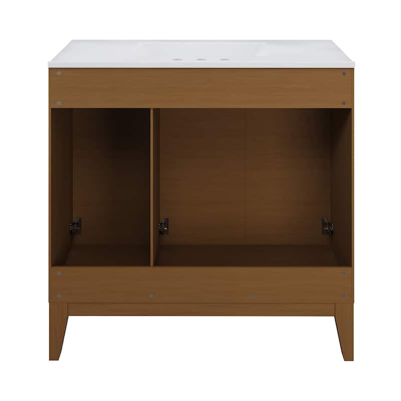 Cascade 36 In. Brown Oak Bathroom Vanity With White, 3-Hole Ceramic Sink Top