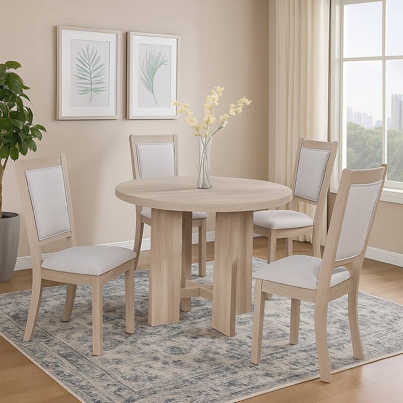 Moyo 5pc Dining Set, Light Gray, Rustic Style Gray Round Wood Top