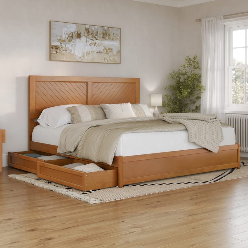Clayton Platform Bed with Panel Footboard and Storage Drawers - Light Toffee - King