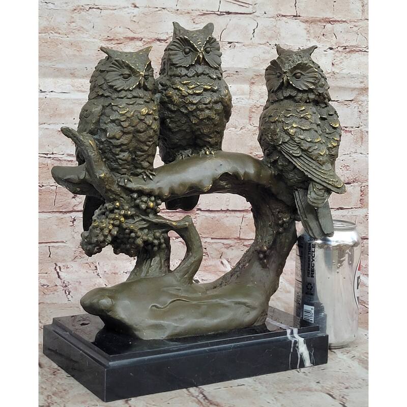 Bronze Owl Trio Sculpture – Wise Owls On Branch Statue Decor