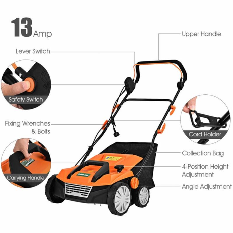 Corded Electric Scarifier Lawn Dethatcher 15-Inch Cutting Width 4-Height Adjustable 50L Grass Collector 13 Amp Motor Orange