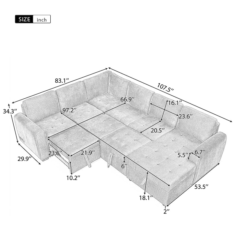 107.5" U-Shaped Sectional Sofa with Sleeper,Storage Chaise,USB Charge