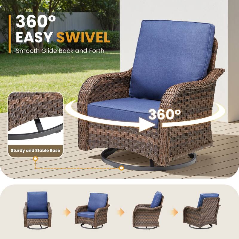 Pocassy Patio Funiture Sofa Swivel Chairs Ottoman with Fire Table Set