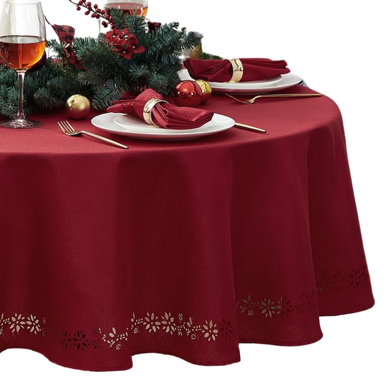 Poinsettia Noel Laser Cut Tablecloth - 70" Round - Red