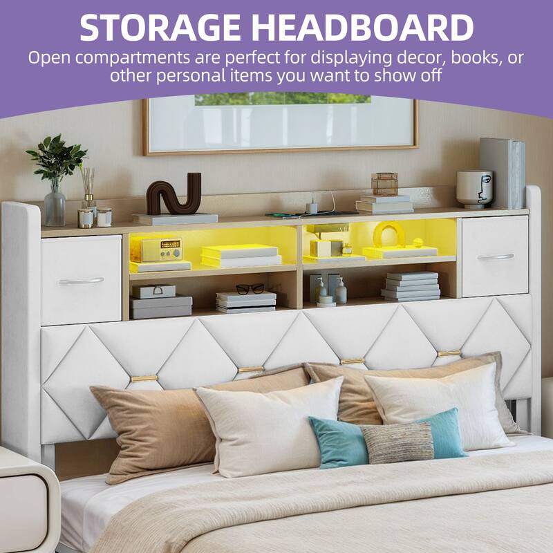 Farmhouse Bed Frame Upholstered Headboard Platform Bed with Charging Station