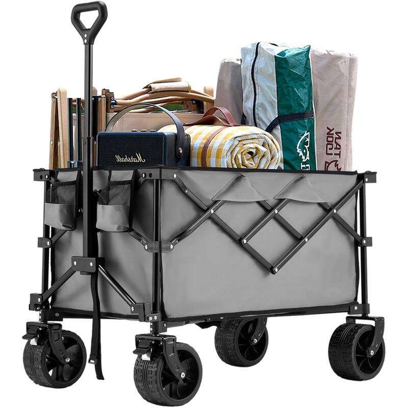EROMMY Heavy Duty Folding Wagon Cart - All Terrain Collapsible Utility Wagon with Big Wheels, Brakes & Cup Holders for Camping - Grey