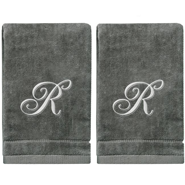 Soft Velour Silver Monogrammed Towels Fingertip - Set of 2 - R