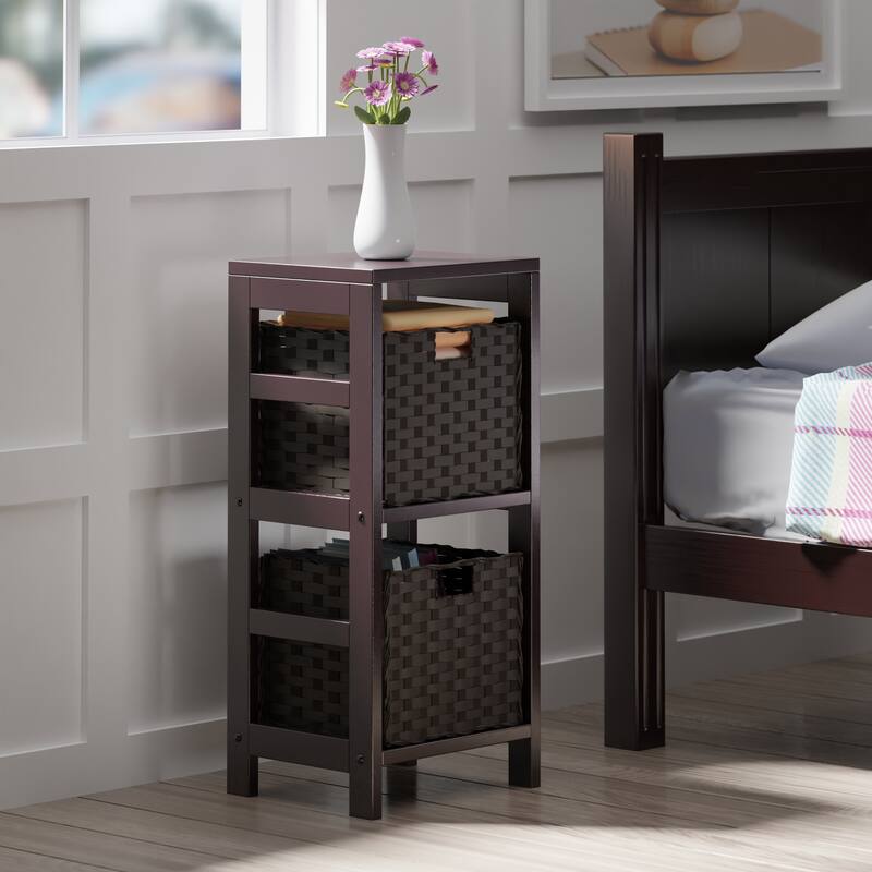 Leo 3-Pc Storage Shelf with 2 Foldable Woven Baskets, Espresso and Chocolate - 13.39 x 11.22 x 29.21 inches