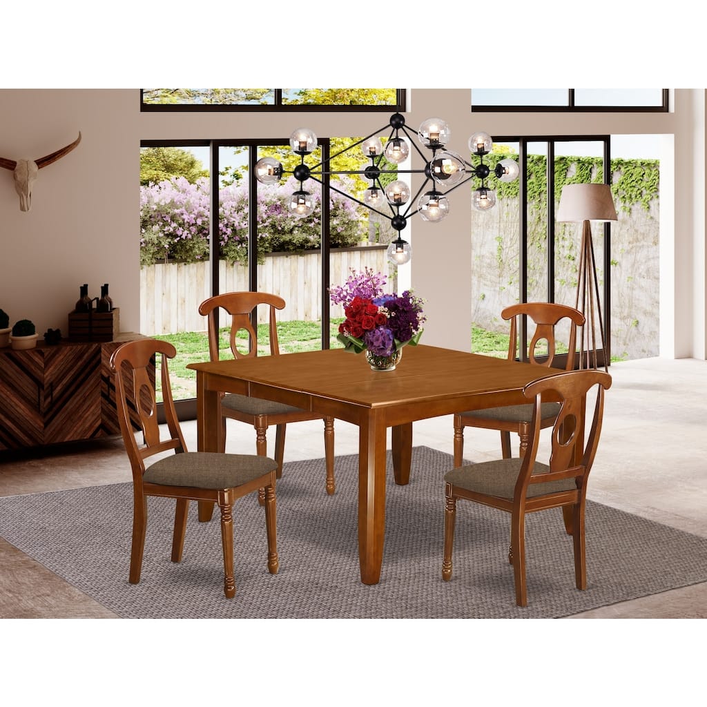 HomeStock 5-Pc Square Saddle Brown Finish Solid Wood Top Dining table with 4 Chairs