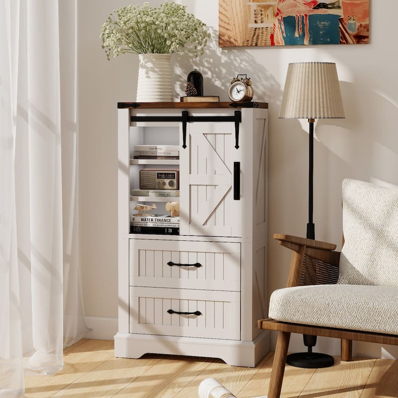 Gymax Farmhouse Bathroom Floor Cabinet w/Sliding Door Adjustable