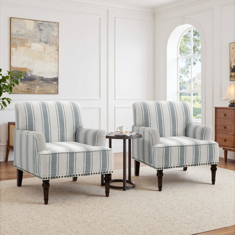 2 Set Linen Upholstered Armchairs Nailhead Trim Accent Chairs with Wooden Legs