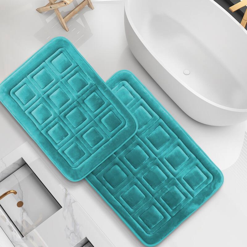 Clara Clark Ultra Soft Non Slip and Absorbent Bath Rug - Waffled Velvet Memory Foam Bath Mat - Small-Large (2PK) - Teal