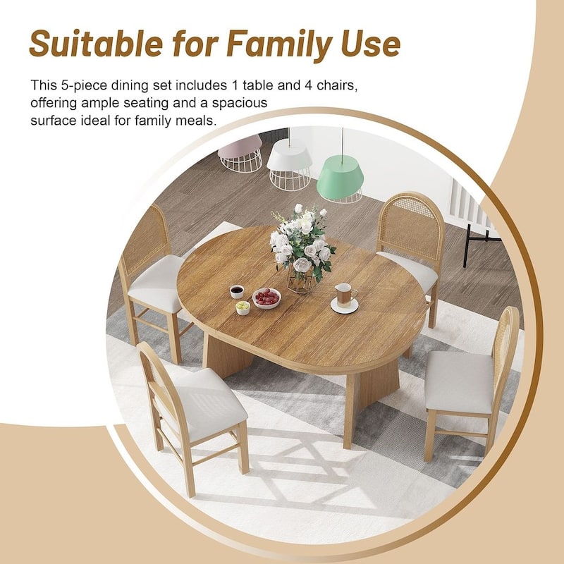 5 PCS Retro Functional Extendable Dining Set for 4 with 4 Upholstered Chairs with Rattan Backrests