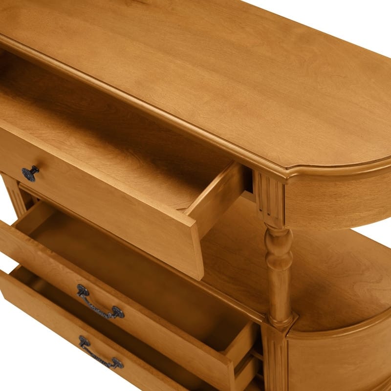 Retro 43" Curved Wood Console Table with 3 Drawers and Open Shelf, Sofa Table Behind Couch for Living Room and Hallway Storage