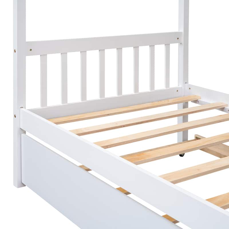 Solid Wooden House Bed with Twin Size Trundle